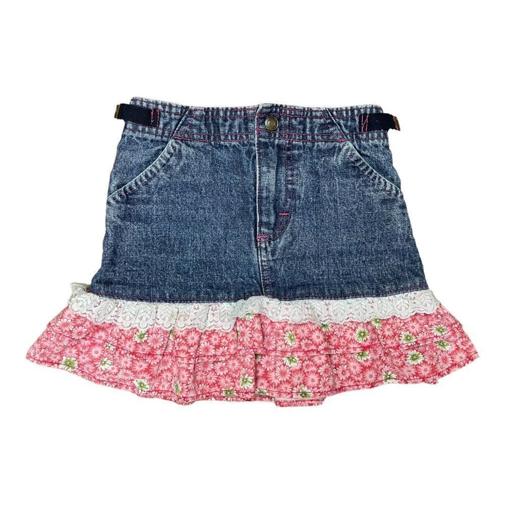 Vintage Lee Girls Size 6 Adjustable Waist Denim Jean Skirt  Ruffle Flowers Lace